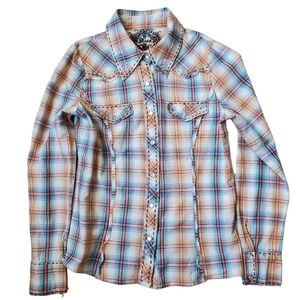 Miss Me Girls Plaid Western Shirt with Bedazzled  Pearl Snap Size L.